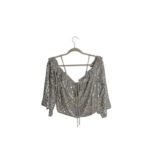 Peach Love California Women's L Bue Gold Metallic Ruffle Cropped Bell Sleeve Top